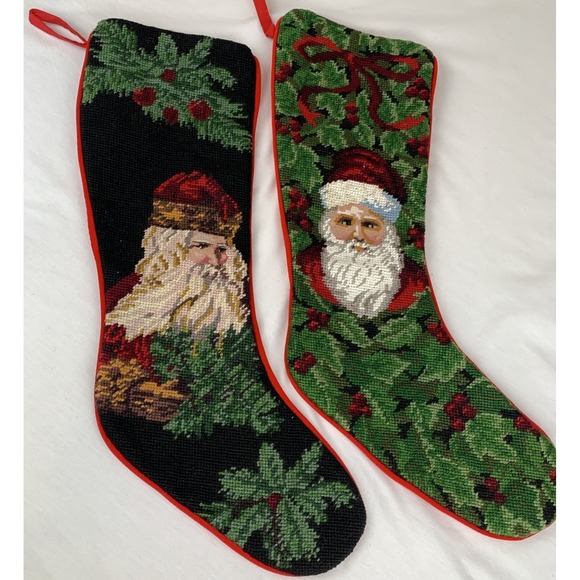 The Unbranded Brand Other - Vintage Needlepoint Christmas Stockings Set of 2 Santa Claus Holly Red Velvet